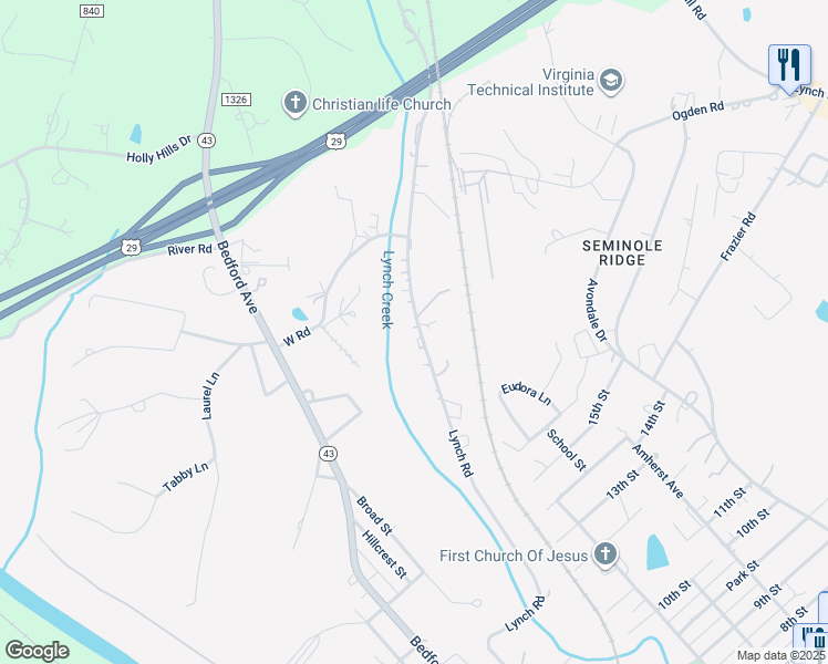 map of restaurants, bars, coffee shops, grocery stores, and more near 1284 Lynch Road in Altavista