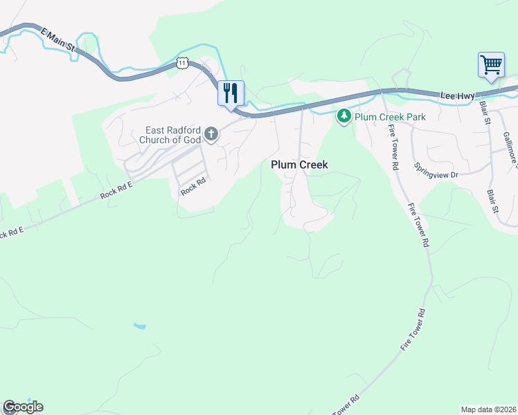 map of restaurants, bars, coffee shops, grocery stores, and more near 1680 Gantt Drive in Christiansburg