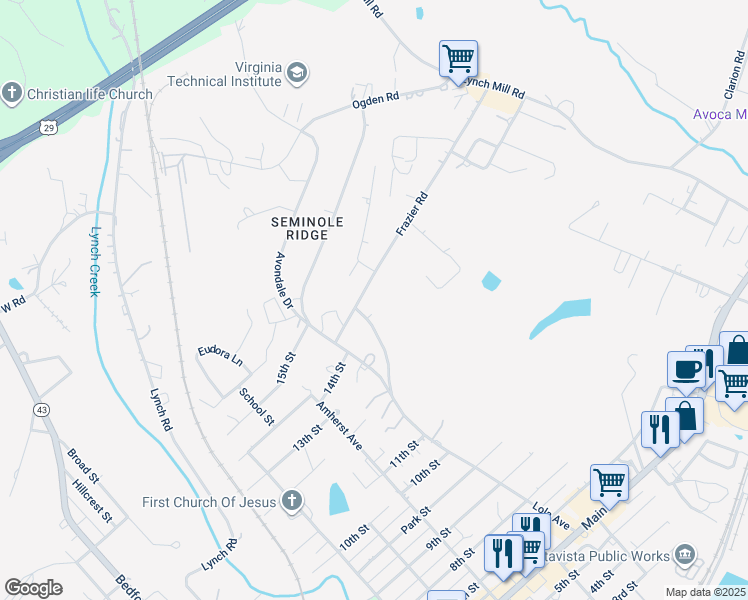 map of restaurants, bars, coffee shops, grocery stores, and more near 1353 Lola Avenue in Altavista