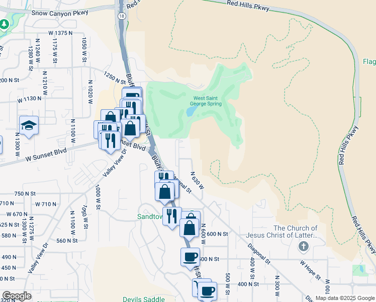 map of restaurants, bars, coffee shops, grocery stores, and more near 898 North 700 West in St. George