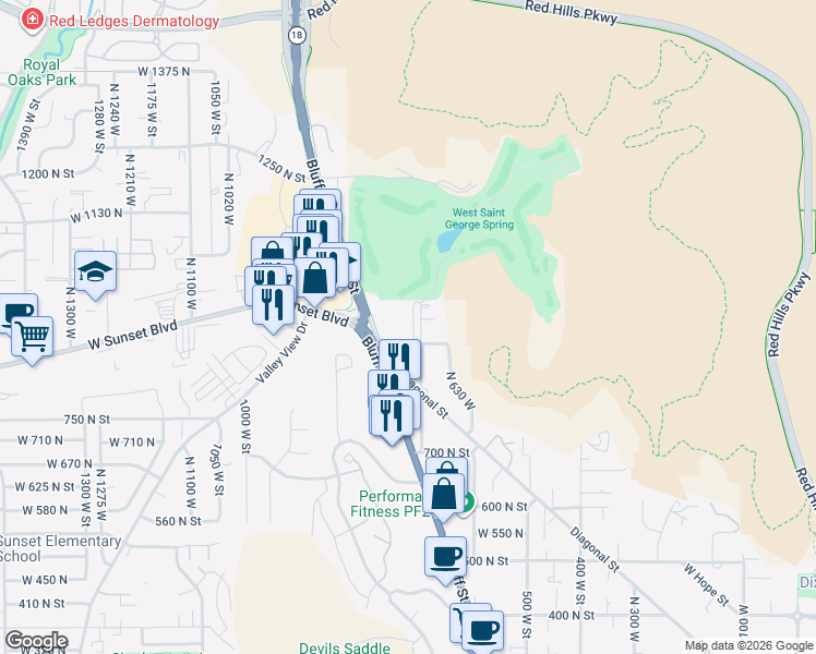 map of restaurants, bars, coffee shops, grocery stores, and more near 898 North 700 West in St. George