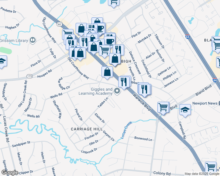 map of restaurants, bars, coffee shops, grocery stores, and more near 347 Tabbs Lane in Newport News
