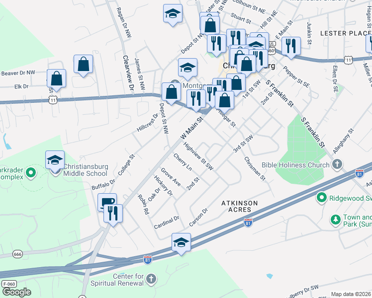 map of restaurants, bars, coffee shops, grocery stores, and more near 50 Cherry Ln in Christiansburg