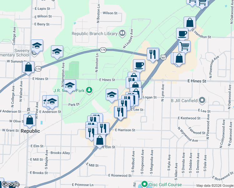 map of restaurants, bars, coffee shops, grocery stores, and more near 811 U.S. 60 in Republic
