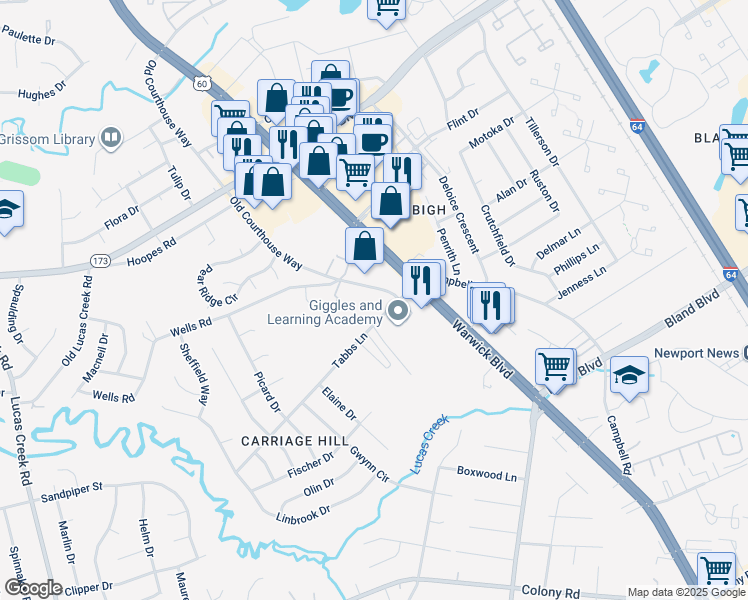 map of restaurants, bars, coffee shops, grocery stores, and more near 347 Tabbs Lane in Newport News