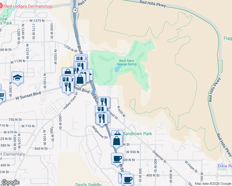map of restaurants, bars, coffee shops, grocery stores, and more near 898 North 700 West in St. George