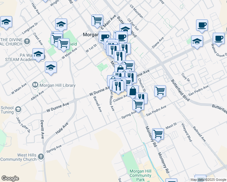 map of restaurants, bars, coffee shops, grocery stores, and more near 16985 Monterey Road in Morgan Hill