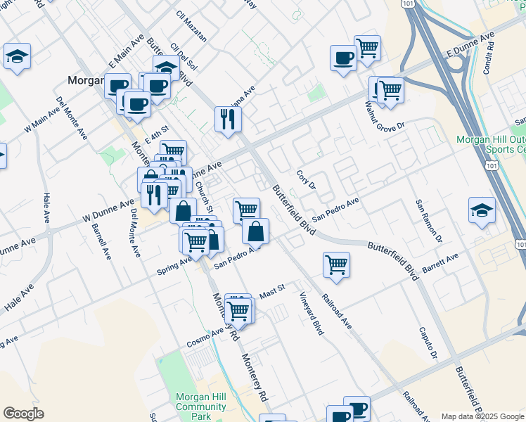 map of restaurants, bars, coffee shops, grocery stores, and more near 195 C San Pedro Avenue in Morgan Hill