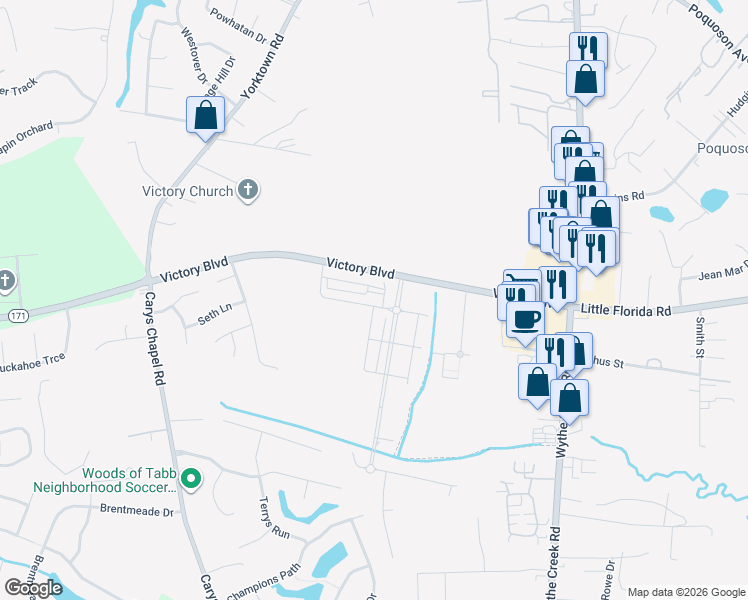 map of restaurants, bars, coffee shops, grocery stores, and more near Victory Boulevard in Poquoson
