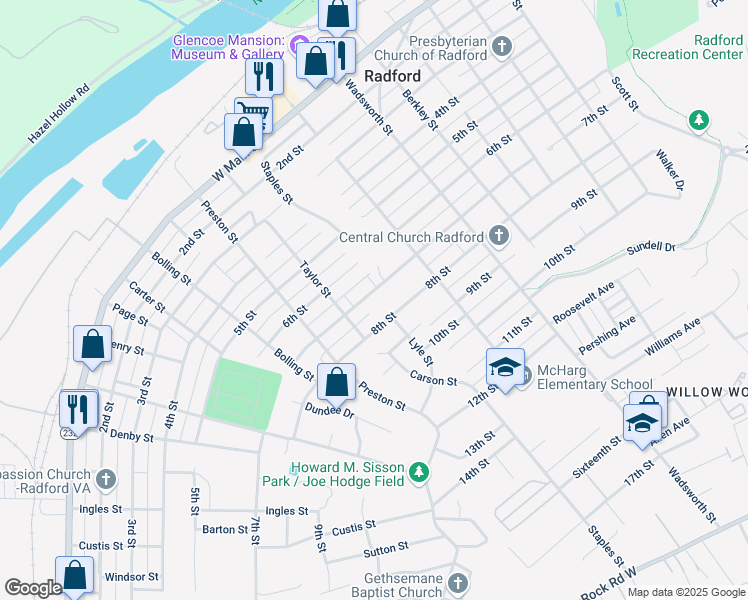 map of restaurants, bars, coffee shops, grocery stores, and more near 808 7th Street in Radford