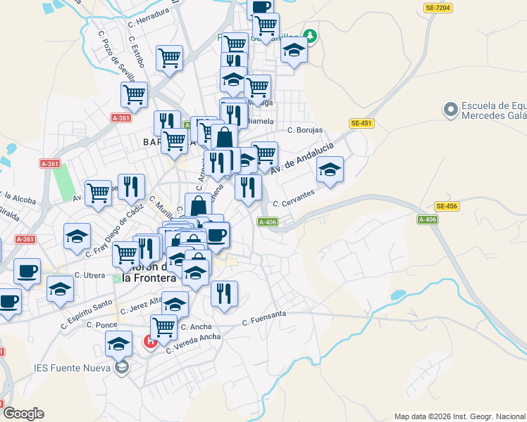 map of restaurants, bars, coffee shops, grocery stores, and more near 2 Calle Romero Ressendi in Morón de la Frontera