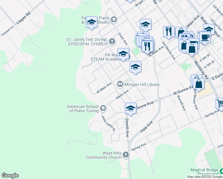 map of restaurants, bars, coffee shops, grocery stores, and more near 735 Alkire Avenue in Morgan Hill