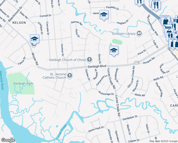 map of restaurants, bars, coffee shops, grocery stores, and more near 794 Darden Drive in Newport News