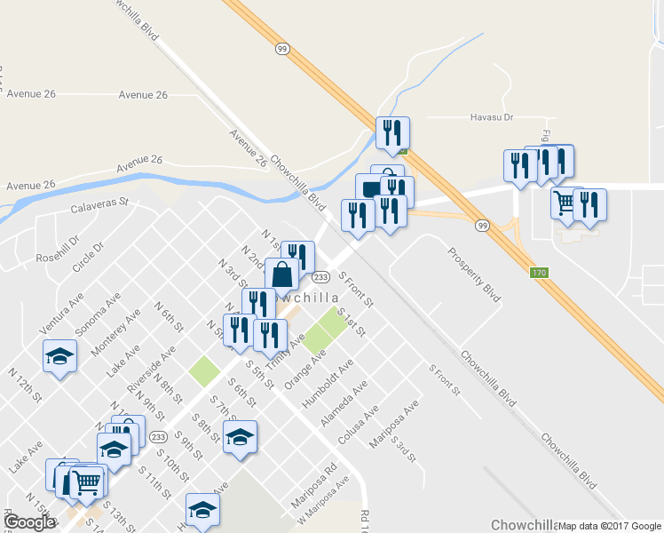 map of restaurants, bars, coffee shops, grocery stores, and more near 0 West Robertson Boulevard in Chowchilla