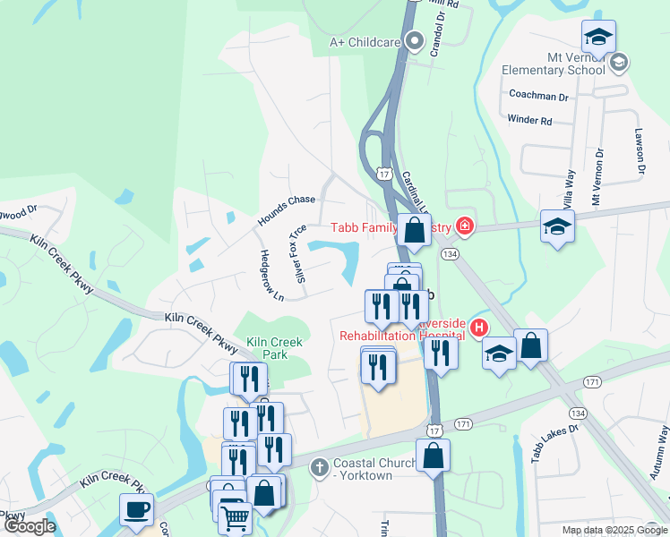 map of restaurants, bars, coffee shops, grocery stores, and more near 210 Hedgerow Lane in Yorktown