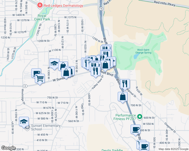 map of restaurants, bars, coffee shops, grocery stores, and more near 845 Valley View Drive in St. George