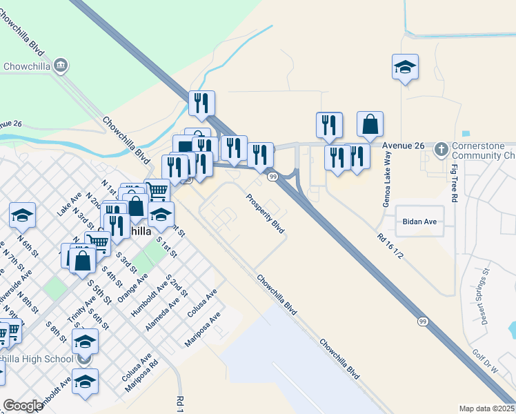 map of restaurants, bars, coffee shops, grocery stores, and more near 316 Prosperity Boulevard in Chowchilla