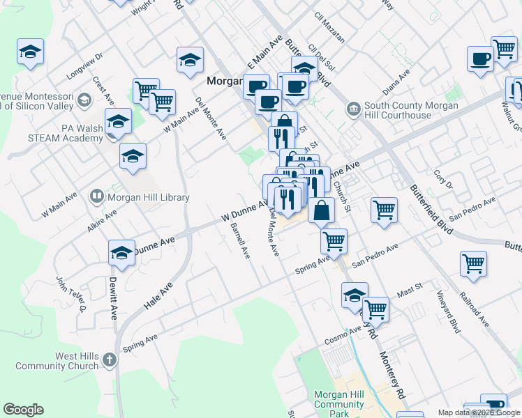 map of restaurants, bars, coffee shops, grocery stores, and more near 16985 Del Monte Avenue in Morgan Hill