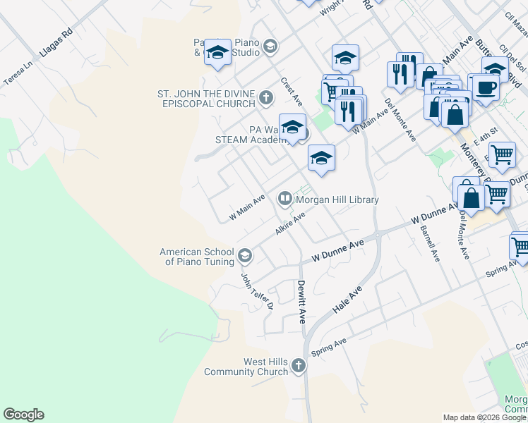 map of restaurants, bars, coffee shops, grocery stores, and more near 735 Alkire Avenue in Morgan Hill