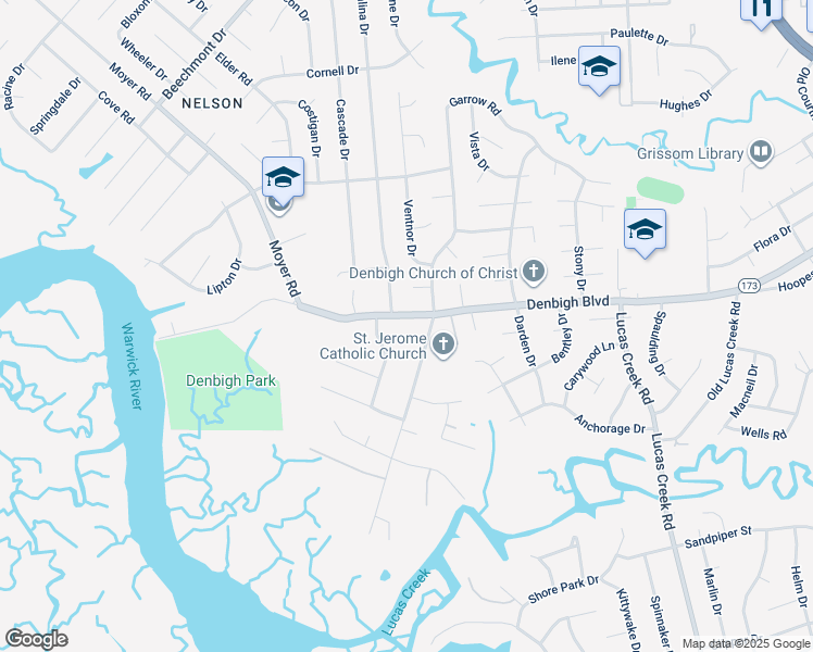 map of restaurants, bars, coffee shops, grocery stores, and more near 21 Garrow Road in Newport News