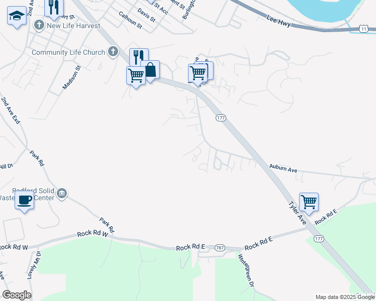 map of restaurants, bars, coffee shops, grocery stores, and more near 208 Ridgewood Lane in Radford