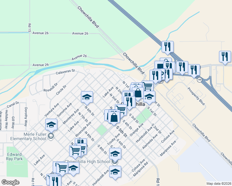 map of restaurants, bars, coffee shops, grocery stores, and more near 260 North 3rd Street in Chowchilla