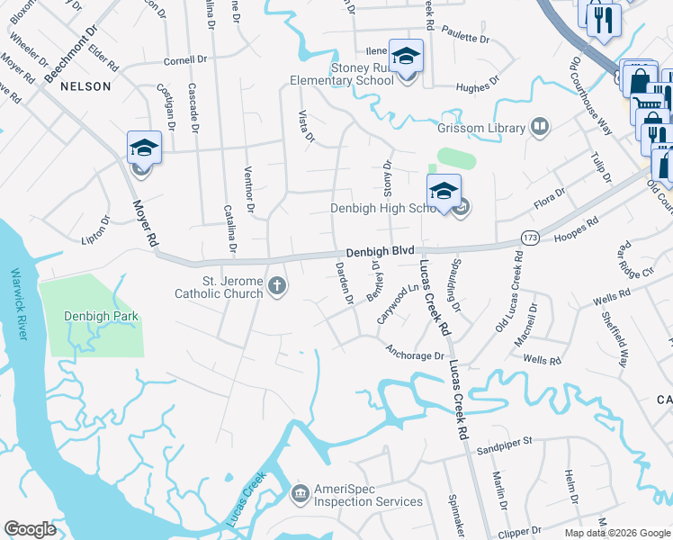 map of restaurants, bars, coffee shops, grocery stores, and more near 789 Darden Drive in Newport News