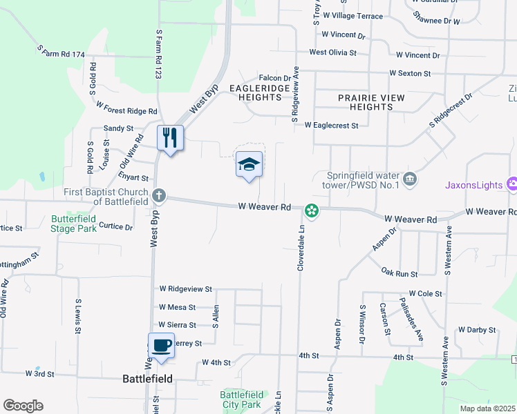 map of restaurants, bars, coffee shops, grocery stores, and more near 4035 West Weaver Road in Battlefield