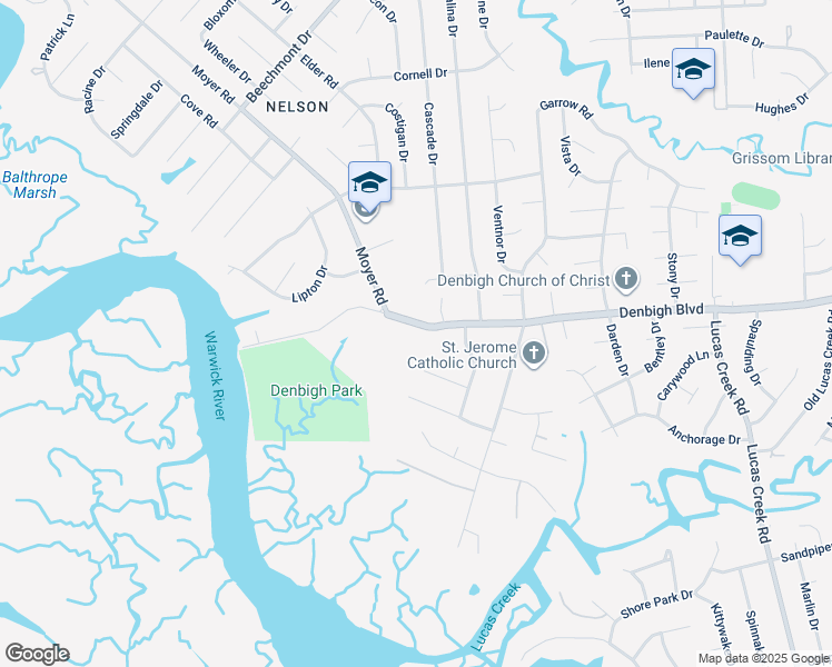 map of restaurants, bars, coffee shops, grocery stores, and more near 68 Denbigh Boulevard in Newport News