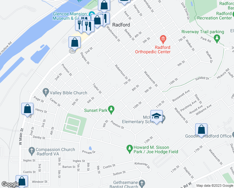 map of restaurants, bars, coffee shops, grocery stores, and more near 804 7th Street in Radford