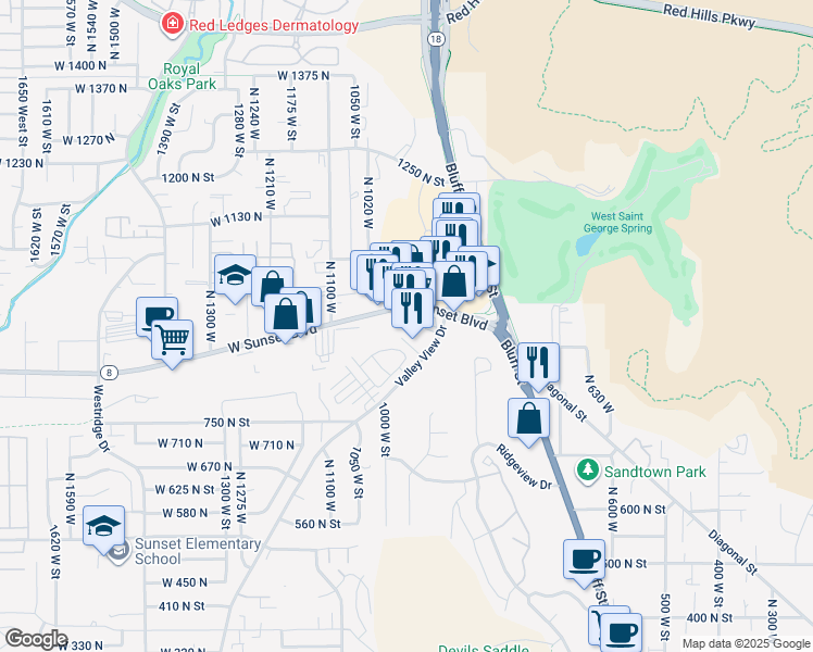 map of restaurants, bars, coffee shops, grocery stores, and more near 929 West Sunset Boulevard in St. George