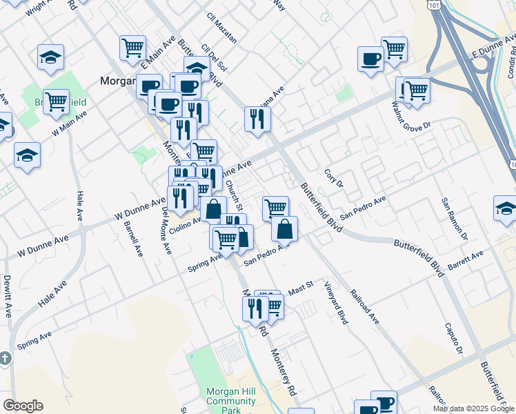 map of restaurants, bars, coffee shops, grocery stores, and more near 16890 Church Street in Morgan Hill