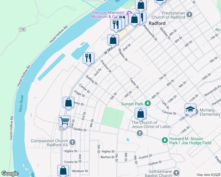 map of restaurants, bars, coffee shops, grocery stores, and more near 1104 4th Street in Radford