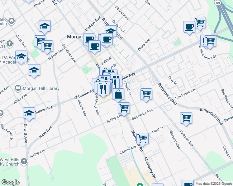 map of restaurants, bars, coffee shops, grocery stores, and more near 2 Myrtle Avenue in Morgan Hill