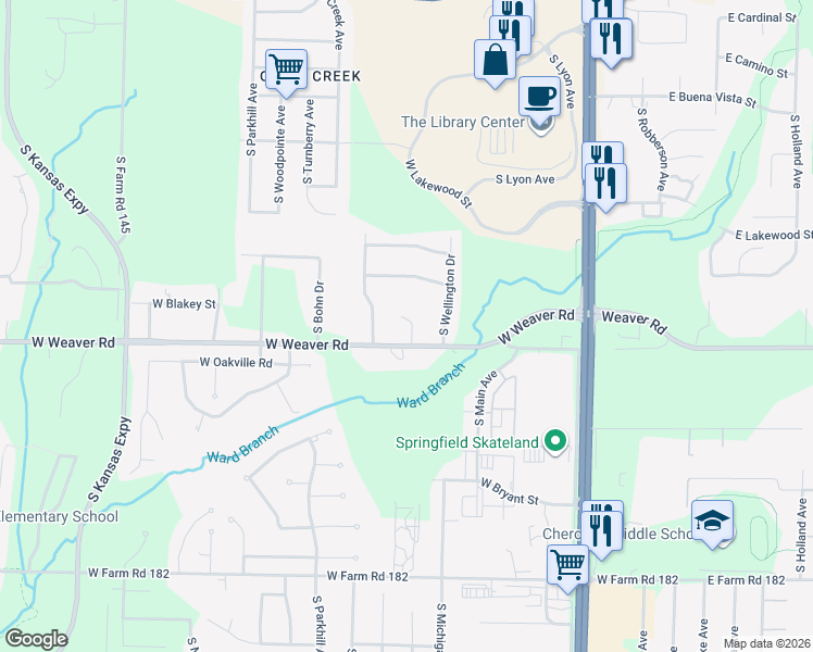 map of restaurants, bars, coffee shops, grocery stores, and more near 848 West Kingsway Drive in Springfield