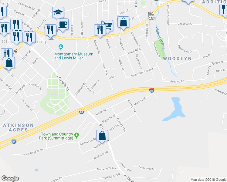 map of restaurants, bars, coffee shops, grocery stores, and more near 428 Miller Street in Christiansburg