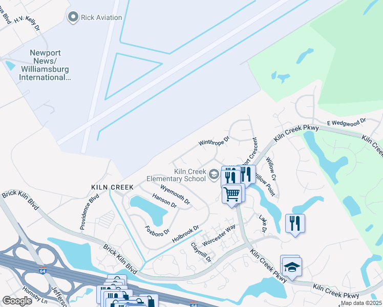 map of restaurants, bars, coffee shops, grocery stores, and more near 1576 Winthrope Drive in Newport News