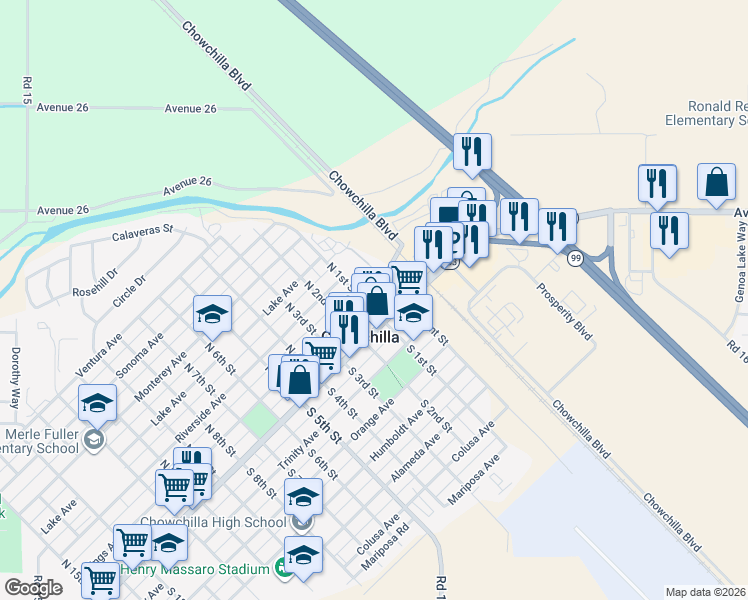 map of restaurants, bars, coffee shops, grocery stores, and more near 10 Kings Avenue in Chowchilla