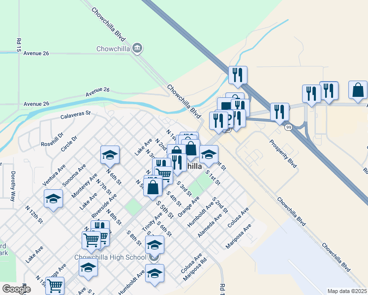 map of restaurants, bars, coffee shops, grocery stores, and more near Kings Avenue & North 1st Street in Chowchilla