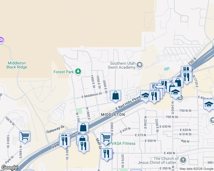 map of restaurants, bars, coffee shops, grocery stores, and more near 989 North 2050 East Circle in St. George