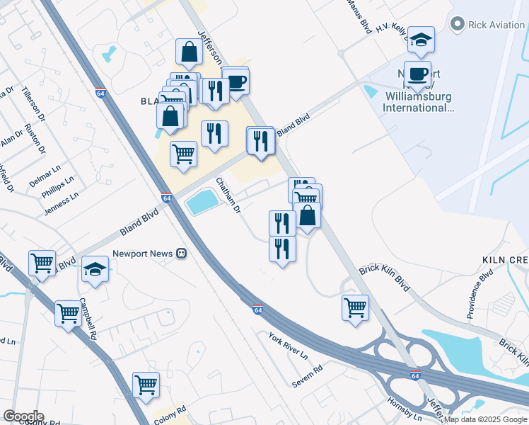 map of restaurants, bars, coffee shops, grocery stores, and more near 300 Chatham Drive in Newport News