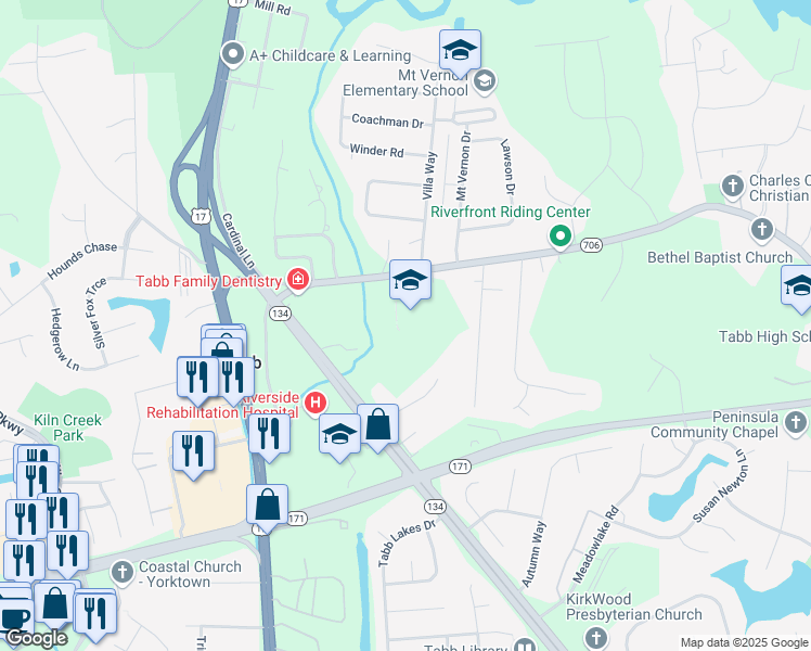 map of restaurants, bars, coffee shops, grocery stores, and more near 300 Yorktown Road in Yorktown
