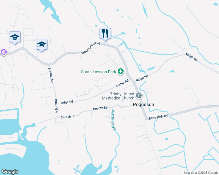 map of restaurants, bars, coffee shops, grocery stores, and more near 36 Lodge Road in Poquoson
