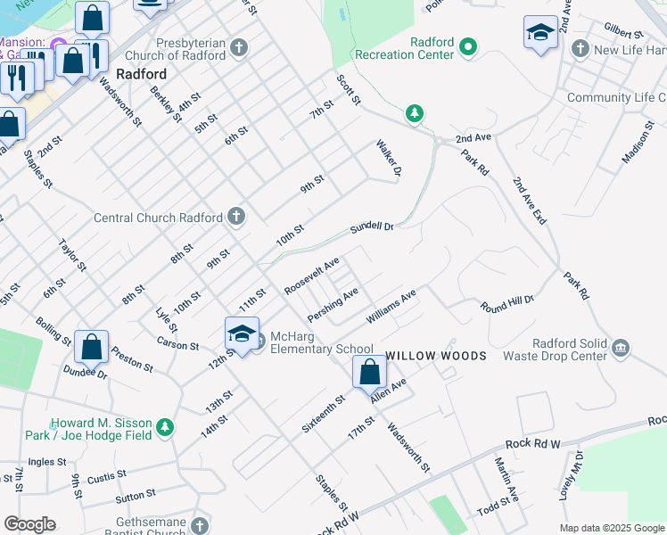 map of restaurants, bars, coffee shops, grocery stores, and more near 116-122 Roosevelt Avenue in Radford