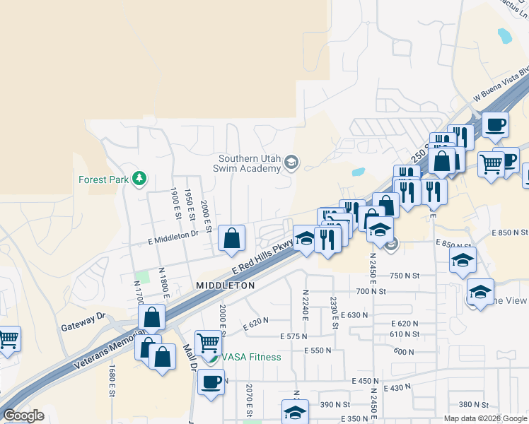 map of restaurants, bars, coffee shops, grocery stores, and more near 2099 East Middleton Drive in St. George