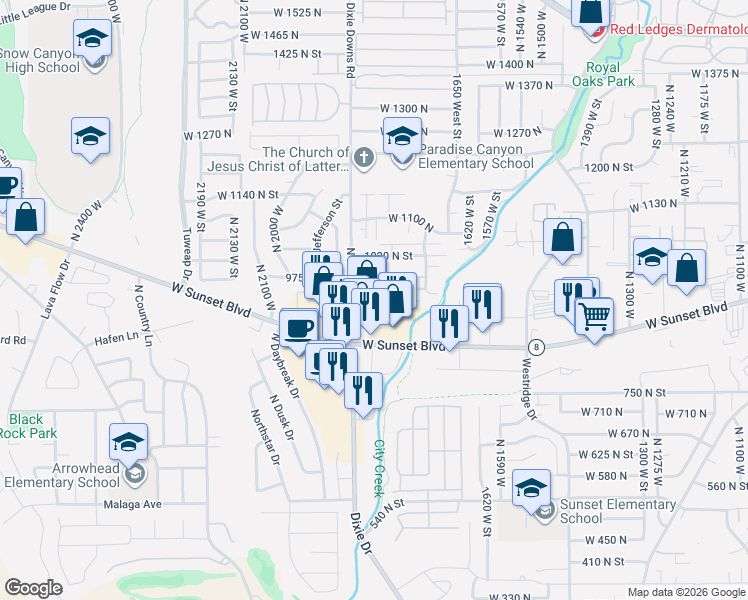 map of restaurants, bars, coffee shops, grocery stores, and more near 1835 West 950 North in St. George