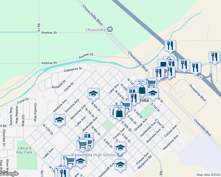 map of restaurants, bars, coffee shops, grocery stores, and more near 440 North 3rd Street in Chowchilla