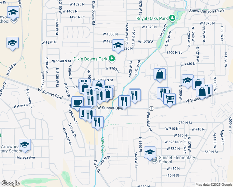 map of restaurants, bars, coffee shops, grocery stores, and more near 968 North 1725 West in St. George
