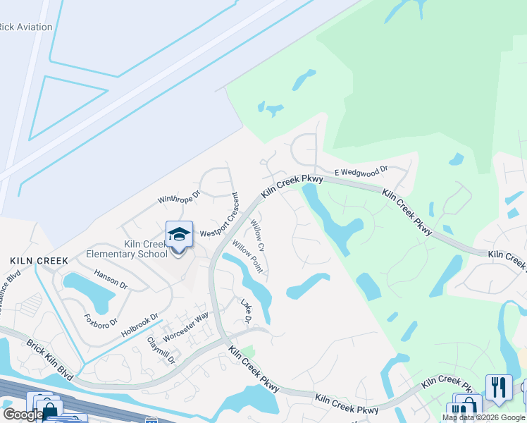 map of restaurants, bars, coffee shops, grocery stores, and more near 826 East Willow Point Place in Newport News