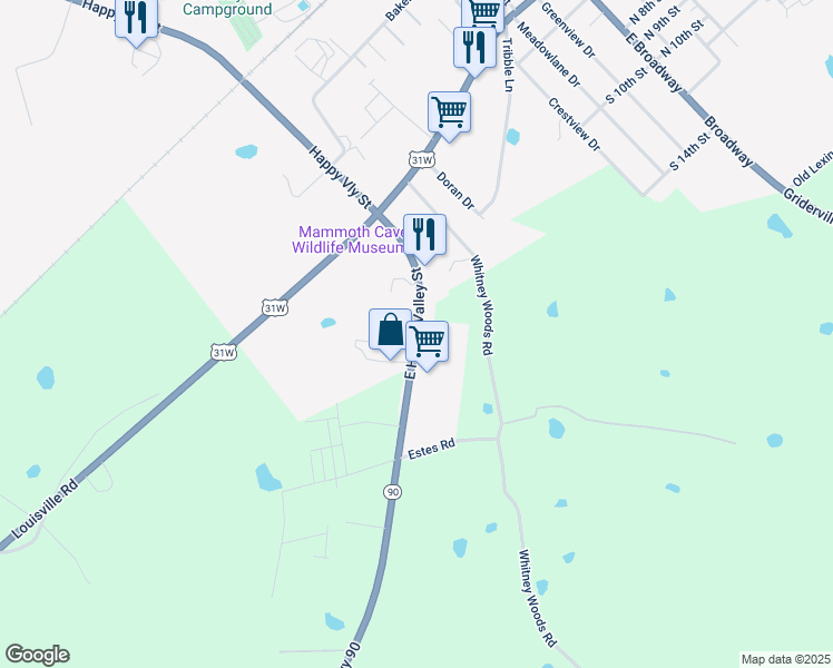 map of restaurants, bars, coffee shops, grocery stores, and more near East Happy Valley Street in Cave City